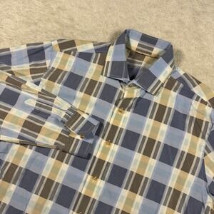 Tasso Elba Button Up Men L Blue Tan Plaid Cotton Long Sleeve Dress Shirt Check